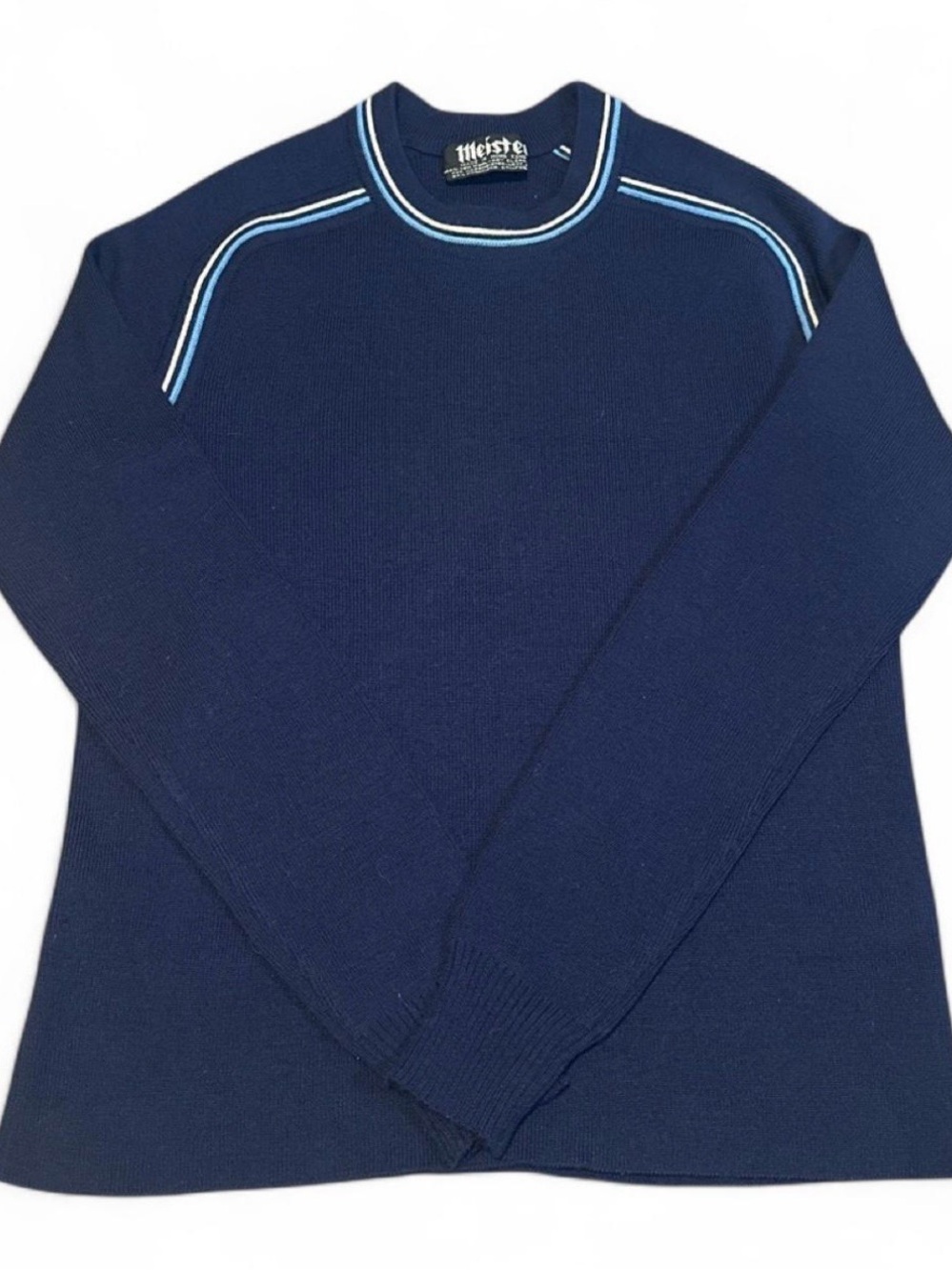 Vintage Meister Navy Crewneck Sweater with Light Blue Trim
